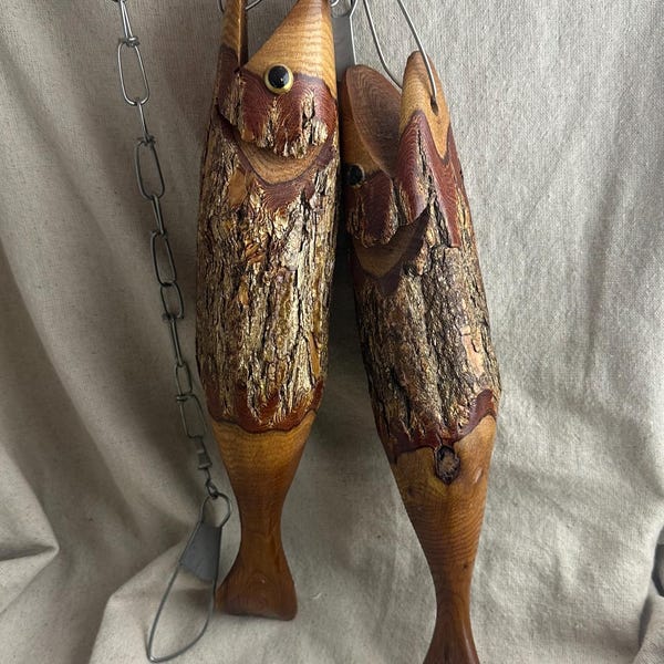 2 Vintage Hand Carved Fish Decorative Decoys on a Stringer