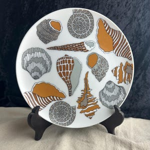 May include: A white ceramic plate with a seashell design. The plate features a variety of seashells in shades of brown, gray, and orange.
