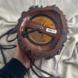 May include: A brown, rustic-style lamp with a textured, bark-like exterior. The lamp features a warm, amber-colored light source and a black power cord. The label on the lamp reads "2008.11".