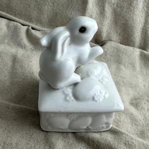 May include: A white ceramic bunny figurine perched atop a matching rectangular box. The bunny has dark eyes and is posed with one paw raised. The box is decorated with embossed details, creating a charming decorative piece.