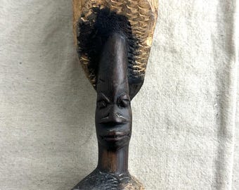 Hand Carved Ebony Wood Face Figurine, Vintage Tribal Decor