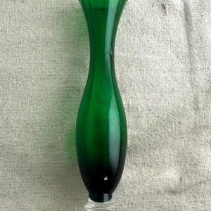 Hand Blown Green Glass Bud Vase with Clear Applied Base, 8&quot; tall, 1 3/4&quot; diameter top, preowned, vintage, unbranded