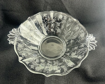 Fostoria Chintz Pattern Round Handled Bowl, Baroque Shape