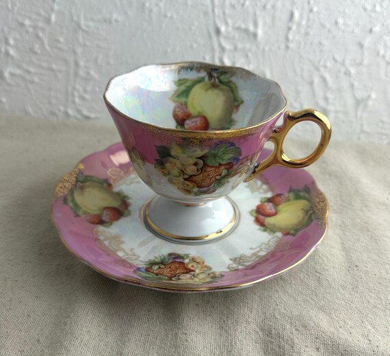 Royal Halsey Tea Cup and Saucer Set, Pink, Fruit, Golden Detail