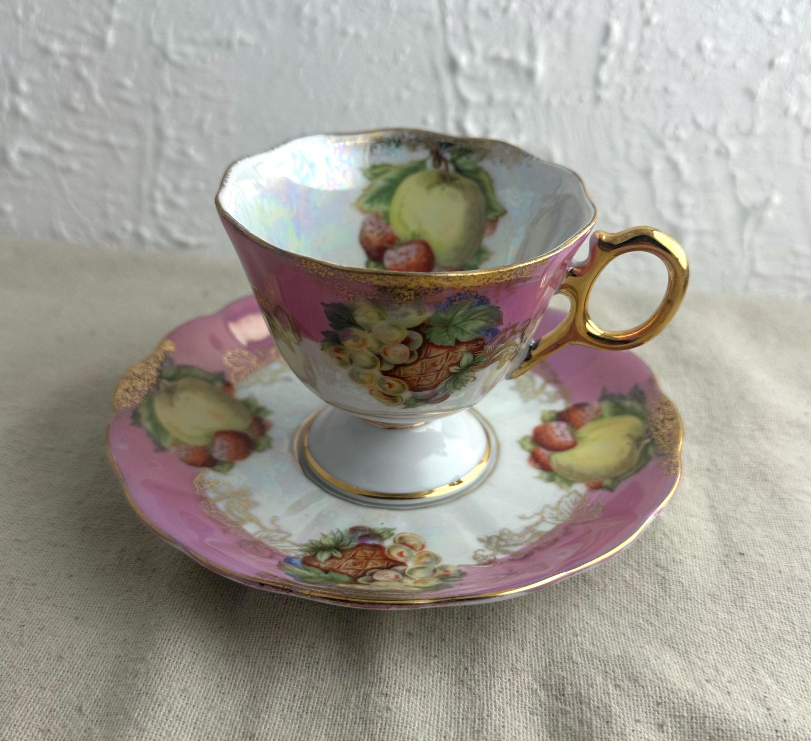Royal Halsey Tea Cup and Saucer Set, Pink, Fruit, Golden Detail