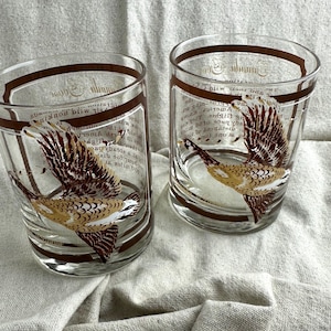 May include: Two clear drinking glasses with a brown band at the top and bottom. Each glass features a detailed illustration of a flying bird in shades of brown, tan, and white. The glasses have text printed on them.