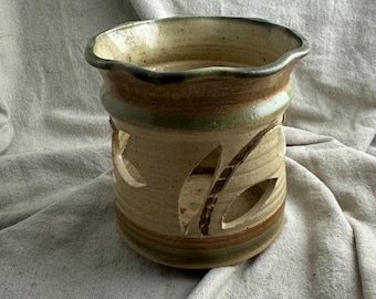 Pottery Candle Holder in Earth Tones with Cut Outs