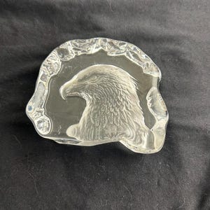 May include: A clear glass sculpture of an eagle's head, intricately detailed with feathers and a sharp beak. The sculpture is set within a clear, irregular-shaped frame, creating a striking contrast. The eagle is a symbol of strength and freedom.