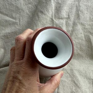 Puede incluir: Un peque&ntilde;o jarr&oacute;n de cer&aacute;mica blanca con un borde marr&oacute;n oscuro. El jarr&oacute;n tiene una abertura ancha y una base estrecha. El interior es negro. El jarr&oacute;n se sostiene en una mano sobre un fondo neutro.