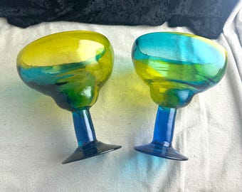 Hand Blown Calypso Margarita Glass, Blue Yellow Ombre, Crate and Barrel