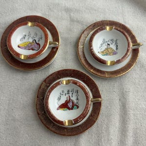 3 Vintage Kutani Ware Miniature Cup and Saucer Ashtrays, hand painted, 1&quot; tall, branded, preowned