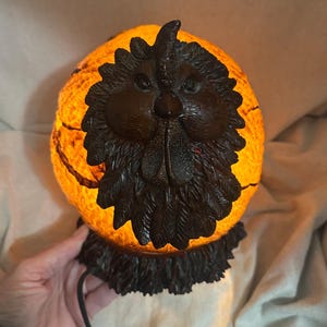May include: A decorative lamp shaped like a rooster's head. The lamp has a round, orange-colored body with a textured surface. The rooster's head is dark brown with detailed features. The lamp is lit from within, creating a warm glow.