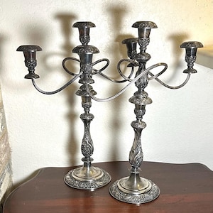 Heritage 1847 Rogers Brothers 9415 Candelabra Pair, silver plated, vintage, heavy tarnish, 18&quot; tall overall, 14&quot;&#39; wide top piece, signed