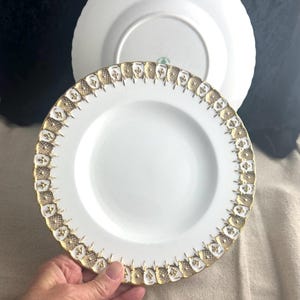 May include: Two white porcelain plates with gold trim. The smaller plate has a scalloped edge and a delicate floral design. The larger plate is plain.