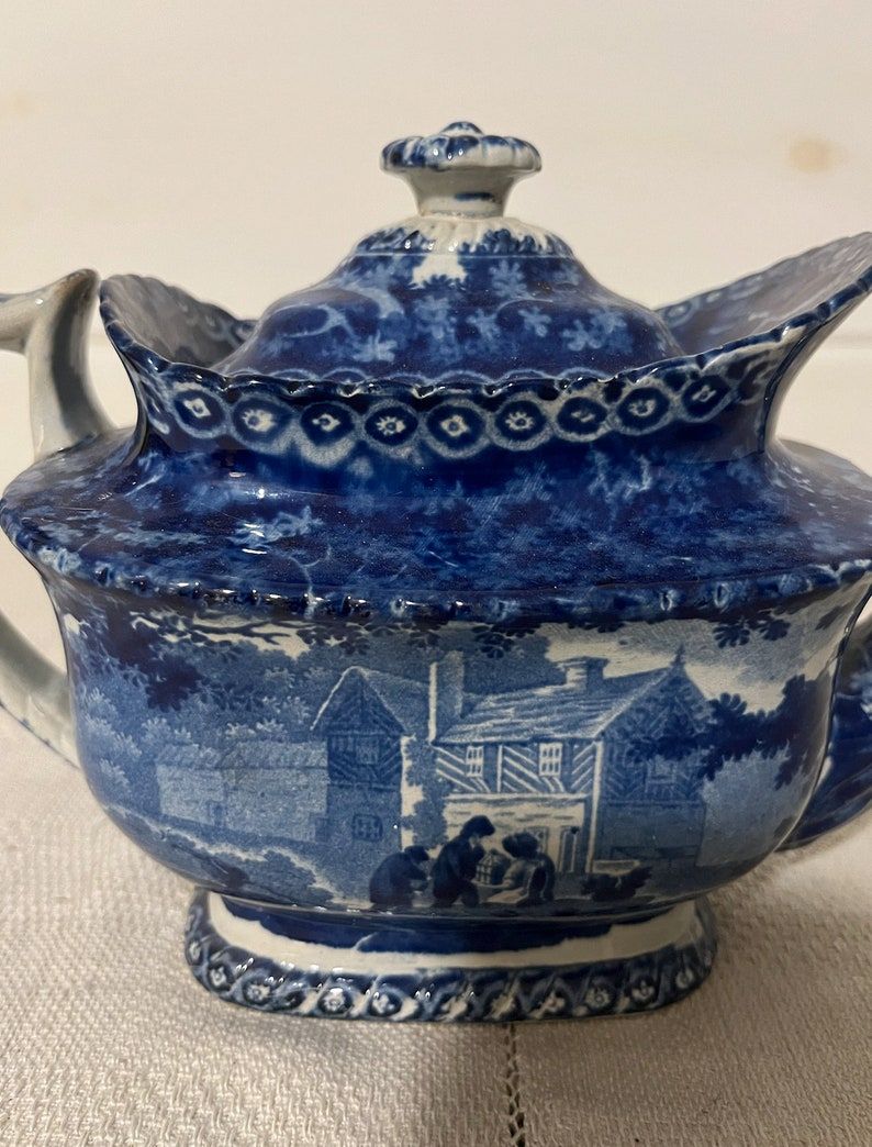 Antique Dark Blue Transferware Teapot Pottery England Stone China Etsy