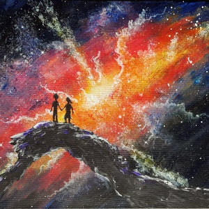 Facing Forever Together - Photo Print of an acrylic painting of a couple facing a cosmic nebula galaxy