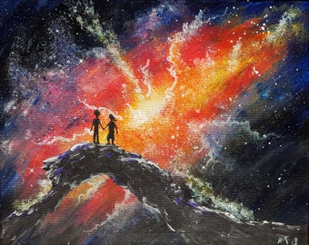 Face à Forever Together - Photo Impression d’une peinture acrylique d’un couple face à une galaxie nébuleuse cosmique