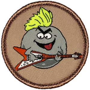 May include: A brown and tan embroidered patch with a cartoon rock star moon playing a red electric guitar. The moon has a yellow mohawk and a big smile.