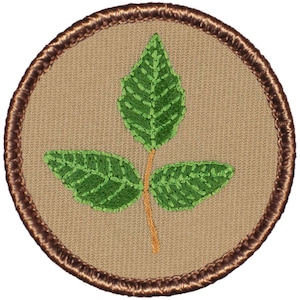 May include: A brown embroidered patch with a green leaf design. The patch is circular and has a brown border.