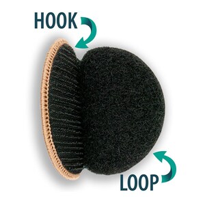 May include: Close-up of a hook and loop fastener. The hook side is brown and has a textured surface. The loop side is black and fuzzy. The words "HOOK" and "LOOP" are written on the image.