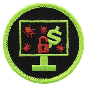 May include: A green and black embroidered patch with a computer monitor, a dollar sign, a padlock, and red bugs. The text "Cyber Security" is on the patch.