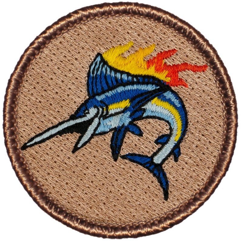 Flaming Marlin Patch 2 Inch Diameter Embroidered Patch