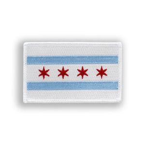 May include: White embroidered patch with the Chicago flag. The flag has two blue stripes and six white stars in a row on a white background.