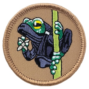 May include: A round, tan embroidered patch with a green, black, and white frog holding a white star-shaped object. The frog is climbing a green pole.