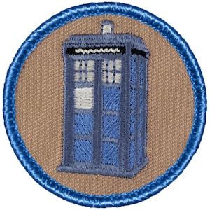 May include: A blue and white embroidered patch of a police box, a common sight in the British science fiction television series Doctor Who.