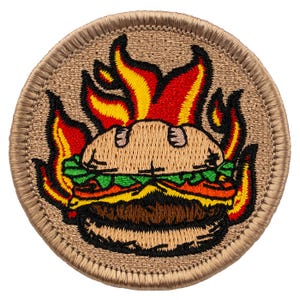 Flaming Cheeseburger Patch - 2 Inch Diameter Embroidered Patch