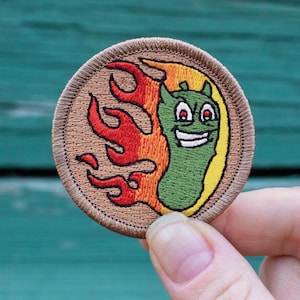 Flaming Pickle Patch - 2 Inch Diameter Embroidered Patch