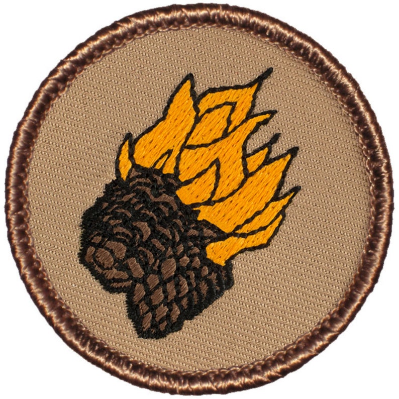 141 Flaming Pinecones Patch 2 Inch Diameter Embroidered Patch