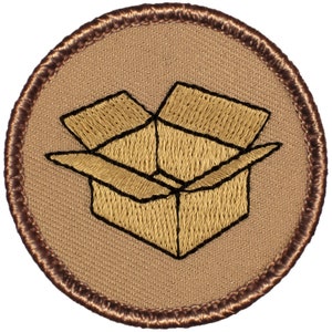 May include: A brown embroidered patch with a brown cardboard box with the flaps open.