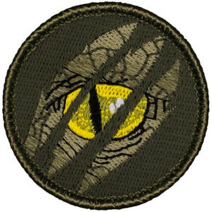 May include: A green and yellow embroidered patch with a yellow eye and a black pupil. The eye is surrounded by a brown and black camouflage pattern.