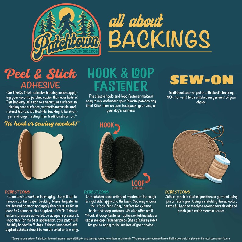 May include: A guide to different patch backings, including peel and stick, hook and loop, and sew-on. The guide features illustrations of each type of backing and instructions on how to apply them. "No heat or sewing needed!" is written in bold text.