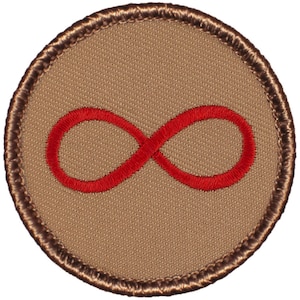 May include: A brown embroidered patch with a red infinity symbol.
