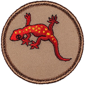 May include: A red and yellow embroidered patch of a salamander on a brown background. The patch is circular and has a brown border.