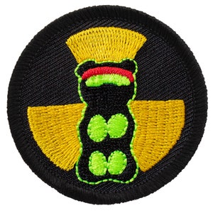 May include: Embroidered patch featuring a black teddy bear design with green and red accents, set against a black background. The bear is surrounded by yellow embroidered elements, all within a circular shape with a black border.