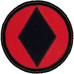 May include: A red and black embroidered patch with a black diamond shape in the center.