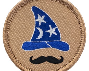 Mustache Wizard Patch (080A) 2 Inch Diameter Embroidered Patch