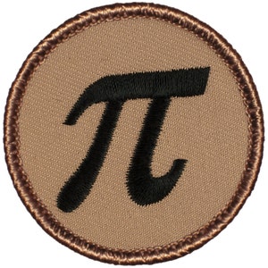 May include: A brown embroidered patch with a black pi symbol in the center.