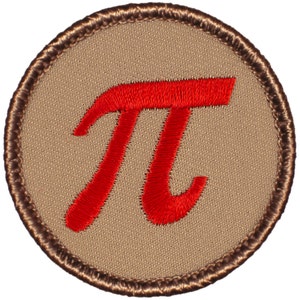 May include: A brown embroidered patch with a red embroidered pi symbol.