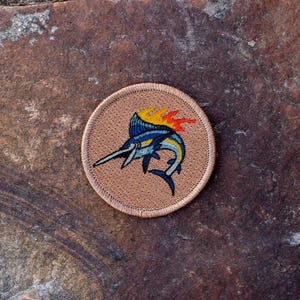 Flaming Marlin Patch - 2 Inch Diameter Embroidered Patch