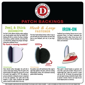 May include: A guide to different patch backing methods, including peel and stick adhesive, hook and loop fastener, and iron-on. The image shows close-up views of each type of backing and provides instructions for applying each type.