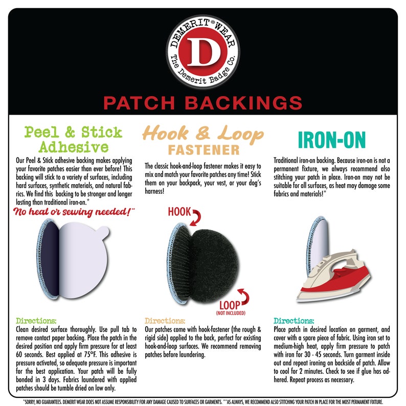May include: A guide to different patch backing methods, including peel and stick adhesive, hook and loop fastener, and iron-on. The image shows close-up views of each type of backing and provides instructions for applying each type.