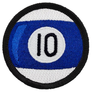 May include: A blue and white embroidered patch with the number 10 in black on a white circle. The patch has a black border.
