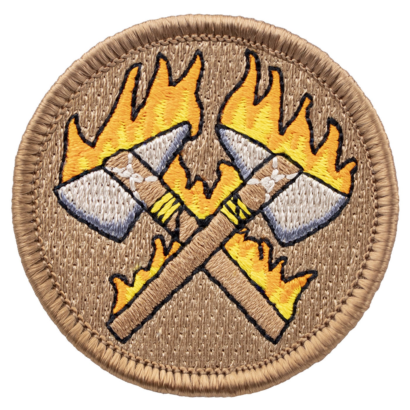 Flaming Crossed Tomahawks Patch (450A) 2 Inch Diameter Embroidered