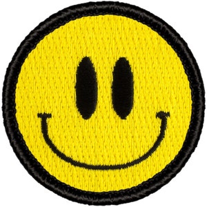 May include: Yellow smiley face patch with a black outline and black eyes. The smiley face has a wide, black smile.