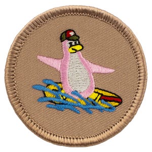 Pink Surfing Penguin (065B) Patch - 2 Inch Diameter Embroidered Patch