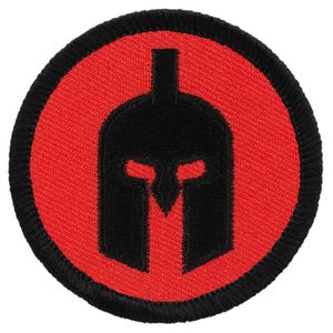 May include: A red and black embroidered patch with a Spartan helmet design.